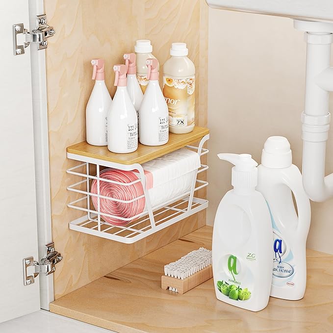 Small Grocery Bag Holder, Trash Bag Dispenser with Bamboo Top for Laundry Room Organization,Laundry Organizers and Storage, White
