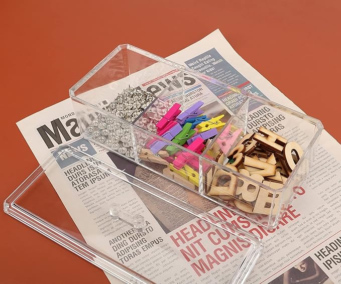 dedoot Plastic Drawer Organizer, Clear Acrylic Vanity Desk Storage and Organizer, 3 Compartment Make Up Holder with Lid Bathroom Display Storage Container for Jewelry, Small Items, 9.17x3.7X3.46 Inch-NeatNest