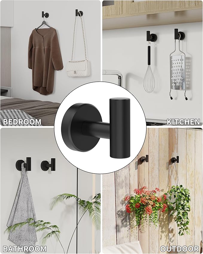 Black Bathroom Towel Hook, Coat Robe Clothes Hook for Kitchen Garage Wall Mounted 2 Pack, 304 Stainless Steel, Heavy Duty Door Hanger, Cabinet Closet Wall Hook for Hotel Pool (Matte Black)