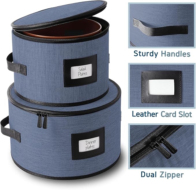 Fine China Storage Containers Hard Shell, 4 Piece Dish Storage Containers, Quilted Plate Containers, Stackable Dish Organizer with Dividers, Dinnerware Storage for Moving and Seasonal Storage, Blue-NeatNest