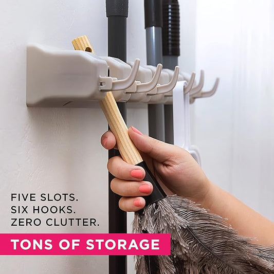 Broom Holder Wall Mount and Garden Tool Organizer, Closet Storage, Kitchen Rack, Home Organization and Garage Organizer for Rake or Mop Handles Up to 1.25-Inches, Hanger Plus 6 Hooks (BEIGE, 1 PACK)-NeatNest
