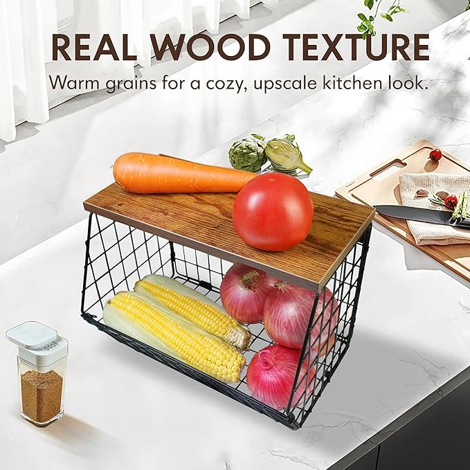 2-Pack Hanging Fruit Basket for Kitchen, Wall Mounted Metal Wire Storage Bins w/Wood Lid, Banana Hook, Stackable Vegetable Organiser for Countertop Pantry Produce Fruits Onion and Potato
