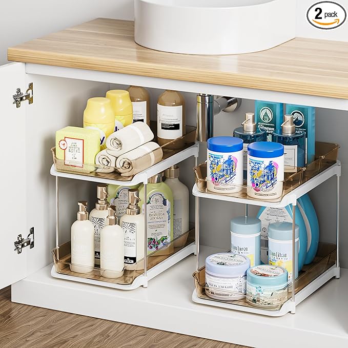 Delamu 2 Sets of 2-Tier Multi-Purpose Bathroom Under Sink Organizers and Storage, Stackable Kitchen Pantry Organization, Pull Out Medicine Cabinet Organizer with 8 Movable Dividers, Amber-NeatNest