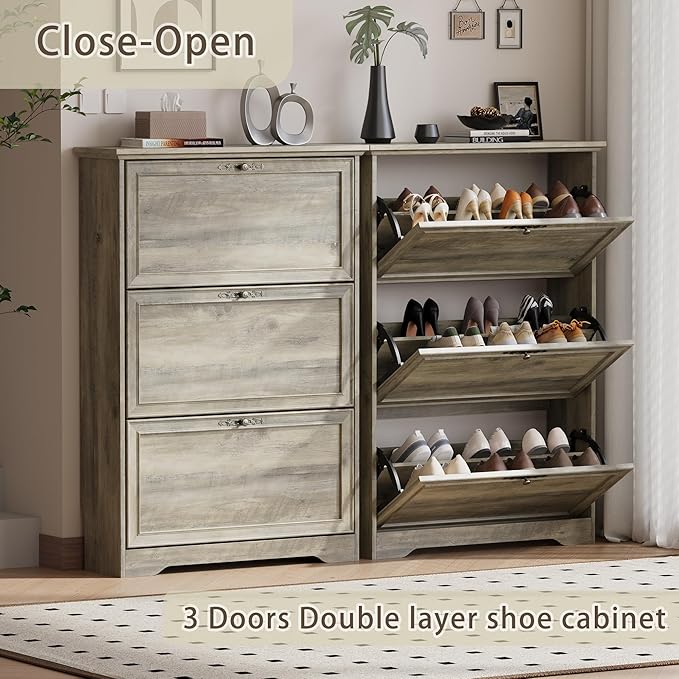 3 Flips Shoe Cabinet for Entryway, Narrow Shoe Storage Cabinet with Adjustable Shelves, Wooden Space-Saving Organizer and Rack for Foyer, Closet, Hallway