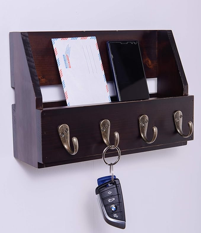 Flintar Wall Mount Key and Mail Holder with 4 Hooks. Made in Taiwan, Solid Wood. Use as Key Rack, Entryway or Mudroom Organizer, Mail & Bill Sorter, Magazine Holder (Walnut)