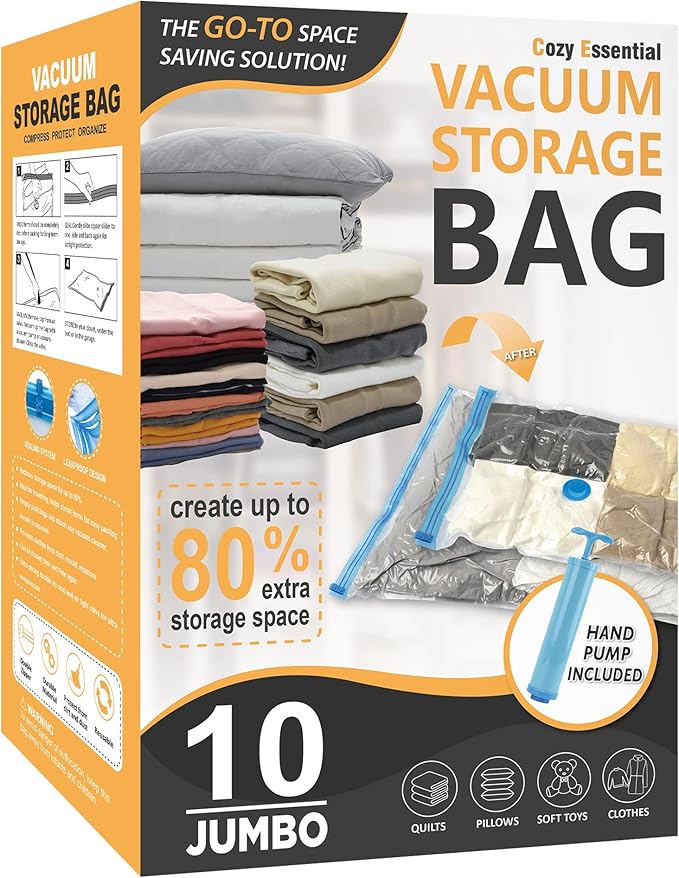 10 Jumbo Vacuum Storage Bags, Space Saver Bags Compression Storage Bags for Comforters and Blankets, Vacuum Sealer Bags for Clothes Storage, Hand Pump Included-NeatNest