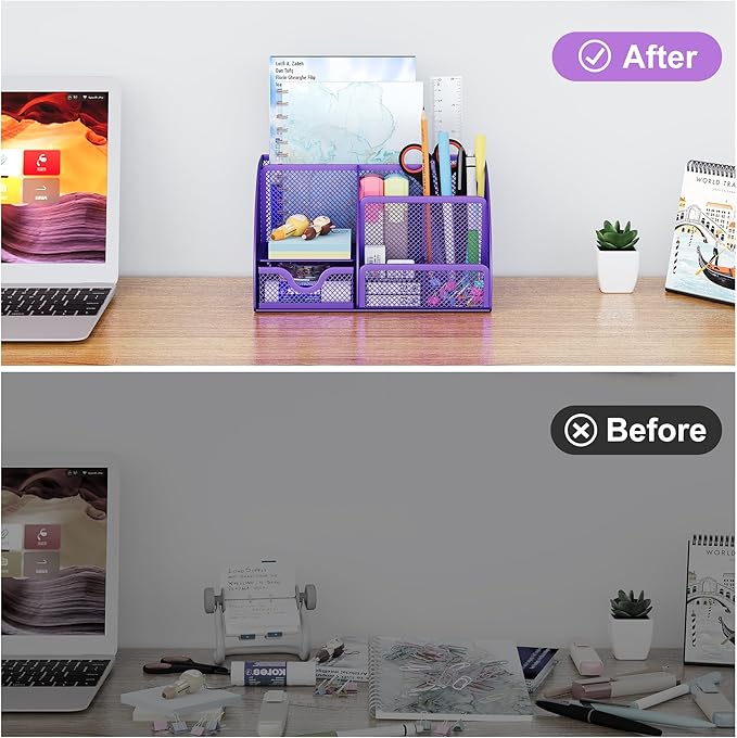 EasyPAG Mesh Desk Organizer, Multi-functional Stationery Organizer for School Supplies, Office Pen Holder for Desk, 6 Compartments Dorm Organization with Drawer, Purple