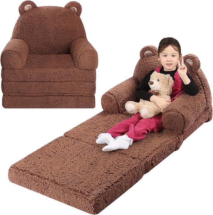Foldable Sofa for Kids, Sherpa Teddy Bear Toddler Couch With Tri Folding Foam Cushions, Comfy for Ages 3-6-NeatNest