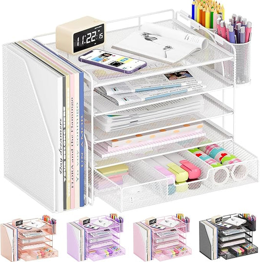Desk Organizers and Accessories, 5-Tier Paper File Organizer with Drawer & Pen Holder, Office Desk Accessories Workspace Desktop Organizer for Office Supplies (White)-NeatNest