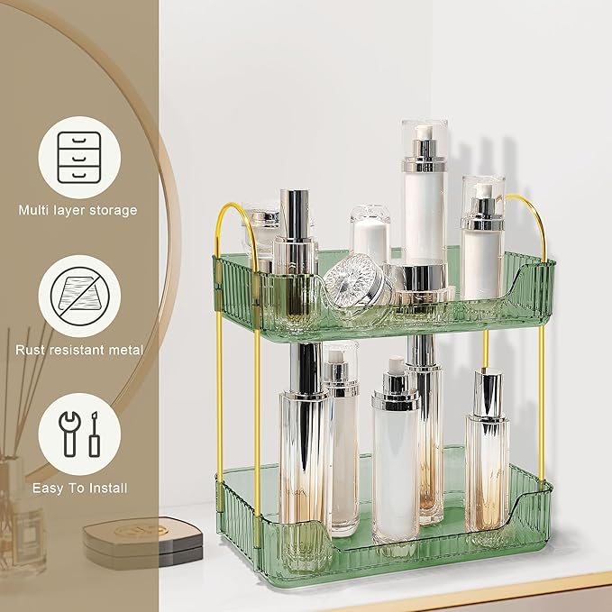 Bathroom Counter Organizer Countertop Storage Skincare Countertop Makeup Organizer Cosmetics Skincare Organizers Holder for Perfume-Green-golden pole-NeatNest