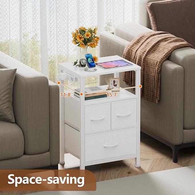 Furnulem Night Stand with Charging Station, LED, USB Ports and Outlets, Bedside Table with Fabric Bins, Nightstand with Open Shelf, Small Storage Side Table for Bedroom (3 Drawer, White)