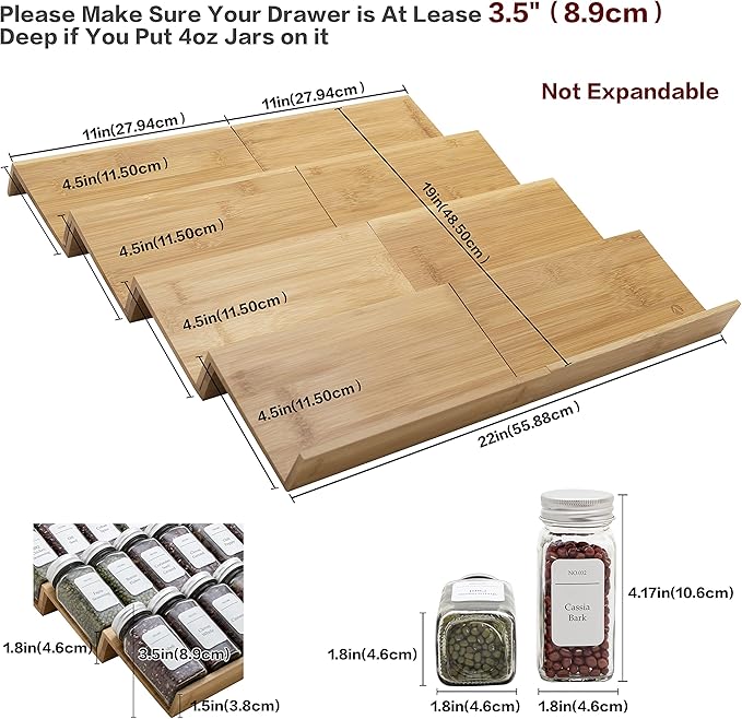 Bamboo Spice Rack Drawer Organizer - 8 Pieces Set- 11" Wide Per Piece - Combine Pieces Into 22" Wide Rack (11" or 22")-NeatNest