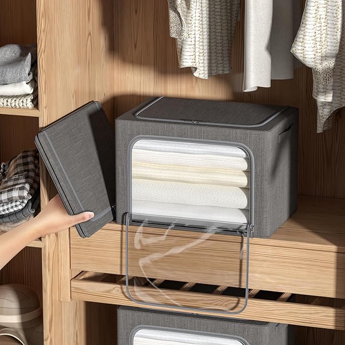 4 Pack Clothes Storage Bins with Metal Frame - Linen Fabric Foldable Stackable Container Organizer Set with Clear Window & Carry Handles & Zippers (Dark Gray, 19.7"x15.7"x13")-NeatNest