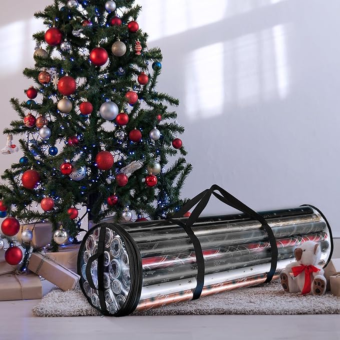 Hearth & Harbor Wrapping Paper Storage Container - Clear Wrapping Paper Holder Fits Up To 14 Rolls of 40" - Tear Proof Gift Wrapping Organizer Storage - Premium Christmas Storage Bag For Easy Carrying-NeatNest