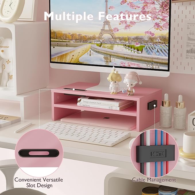 BONTEC Wooden Monitor Stand Riser, 2-Tier Desk Shelf with Storage Organizer, Ergonomic Computer Stand with Cable Management, Cellphone Holder, Pink, 16.5 Inch-NeatNest