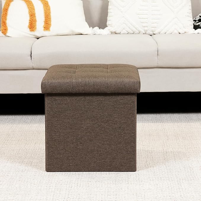 B FSOBEIIALEO Storage Ottoman Cube, Toy Chest Folding Footrest for Living Room Seat, 12.6"X12.6"X12.6" (Linen Brown)