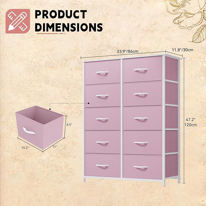 DWVO 10 Drawer Dresser - Fabric Storage Tower, Tall Chest Organizer Unit, Living Room, Hallway, Closets - Sturdy Steel Frame, Wooden Top & Easy Pull Fabric Bins, Pink-NeatNest