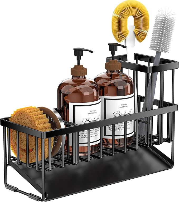 Cisily Extra Large Kitchen Sink Caddy Organzier with High Brush Holder, Sponge Holder for Sink, 304 Rustproof Stainless, Kitchen Countertop Soap Dispenser Organizer For Decor and Accessories-NeatNest