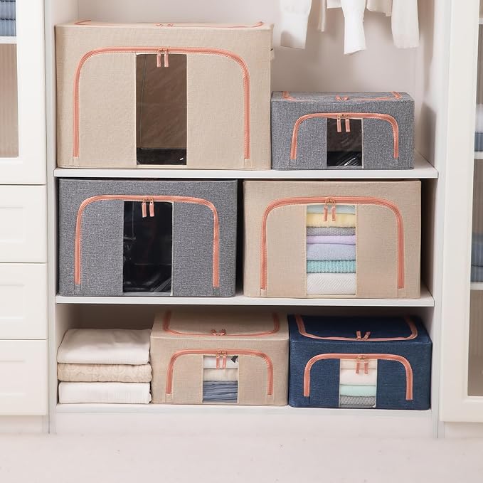 100L Stackable Clothes Storage Bins with Metal Frame Handles & Zipper, Collapsible Closet Organizer Box with Lid for Bedding Blankets Towel (Navy,1 pack)-NeatNest