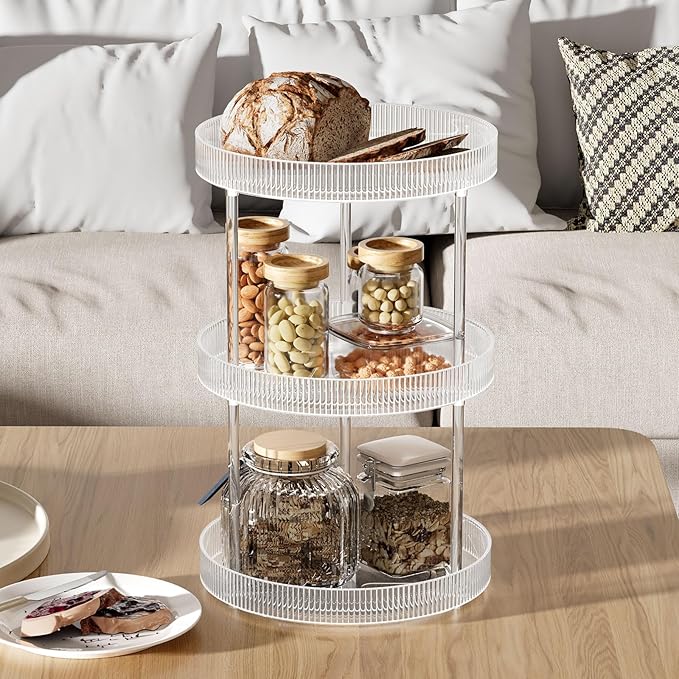3 Tier Lazy Susan Bathroom Countertop Organizer, 360° Clear Rotating Makeup Cosmetic Perfume Storage Tray, Spinning Vanity Organizer Shelf for Bathroom Cabinet, Dresser, Kitchen(Large)-NeatNest