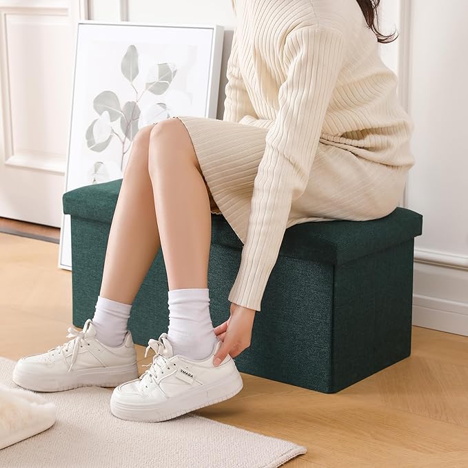 CUYOCA Storage Ottoman Bench Foldable Seat Footrest Shoe Bench End of Bed Storage with Flipping Lid, 75L Storage Space, 30 inches Linen Fabric Emerald, OT026DGN-NeatNest