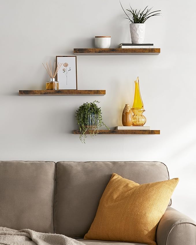 BAYKA Floating Shelves for Wall, 22.5 inches Wall Mounted Rustic Wood Shelves for Bathroom, Bedroom, Living Room, Floating Shelves for Books/Storage/Decor(Rustic Brown,Set of 3)-NeatNest