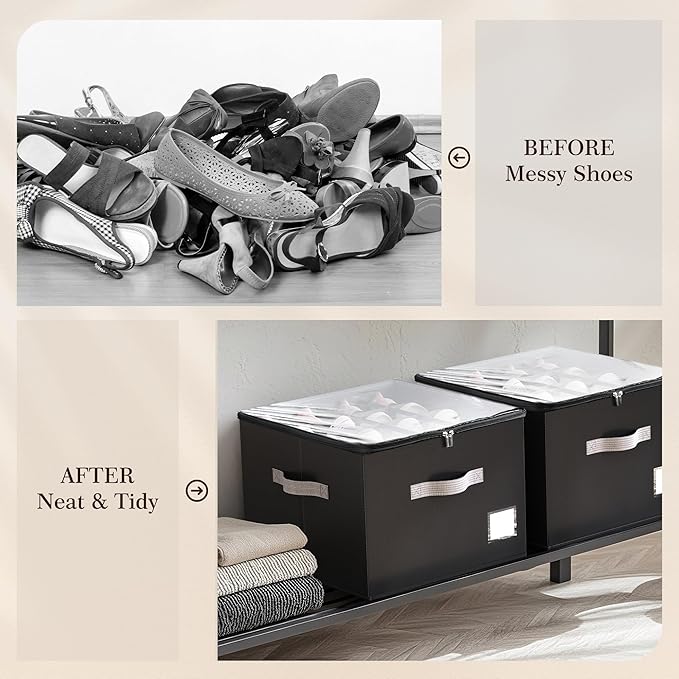 Criusia Shoe Organizer for Closet, Foldable Shoe Storage Organizer with Clear Cover and Sturdy Handles, Fit 12-16 Pairs, Closet Organizer for Shoes Sneakers Sandals Heels, 2 Pack, Black-NeatNest