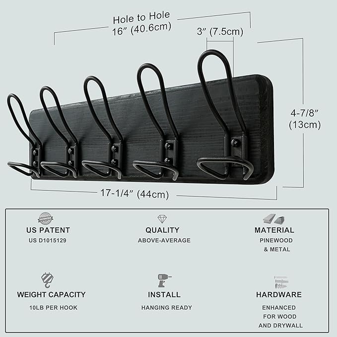 Dseap Coat Rack Wall Mounted - Heavy Duty Farmhouse Rustic Wall Coat Hanger With 5 Wire Hooks for Clothes Hat Jacket Towel, RusticWire, G25A, Black-NeatNest