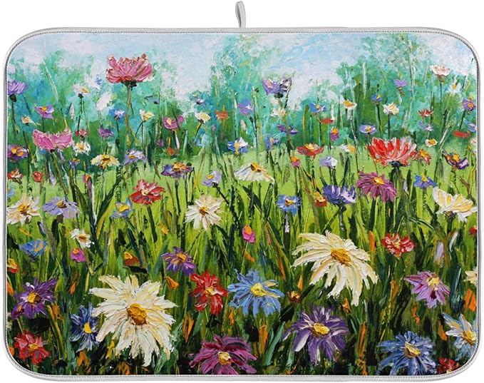 Absorbent Dish Drying Mat for Kitchen Counter - Oil Painting Flowers Microfiber Drying Pad, Reversible Drainer Mats for Countertop, Large 18" x 24"