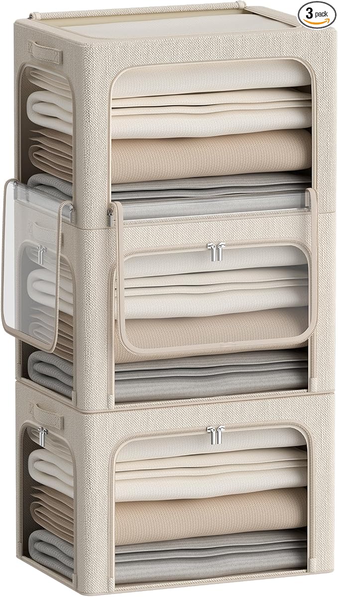 3 Openings Clothes Storage Bins Box - 3Pack Stackable Foldable Storage Bin - Metal Frame Storage Box Clothing Storage Organizer with Clear Window, Carry Handles (66L-19.7x15.7x13in, Beige)-NeatNest