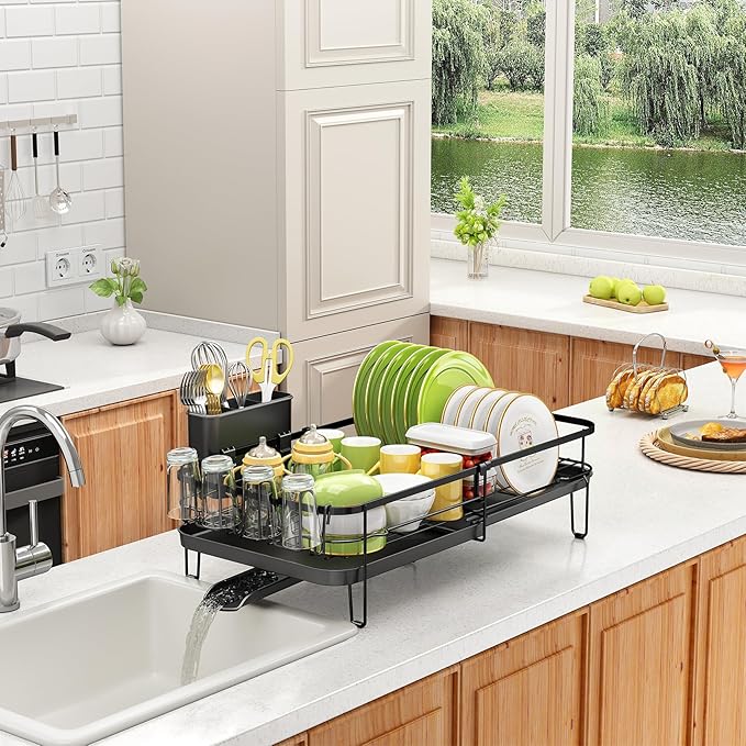 SNTD Dish Drying Rack, Expandable Dish Rack for Kitchen Counter, Metal Dish Drainer with Utensil & Cup Holder 13.8"-22.6" L x 12.1" W (Black)