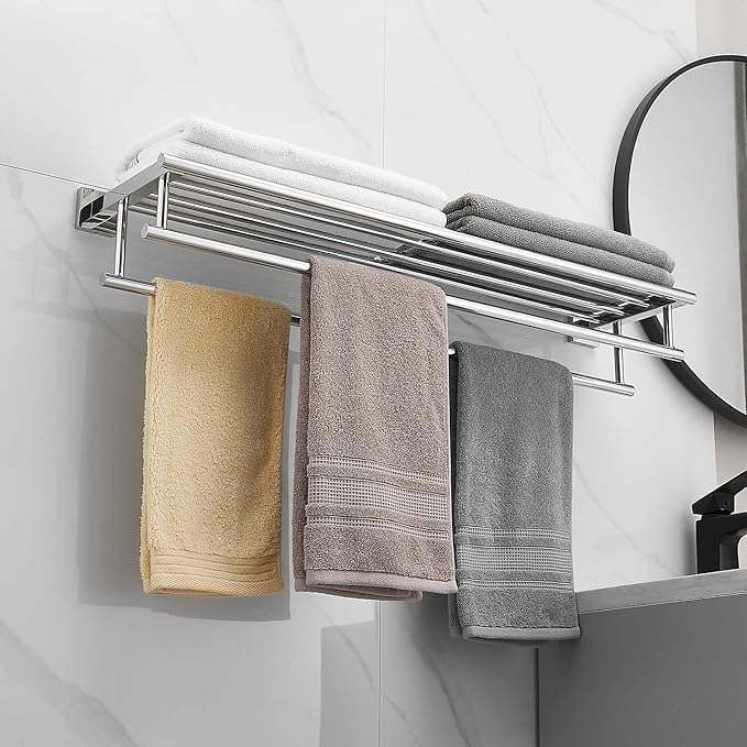 Bathroom Towel Rack with Double Towel Bar 32 Inch Bathroom Hotel Shower Shelf SUS304 Stainless Steel Modern Wall Mounted Holder Polished Chrome