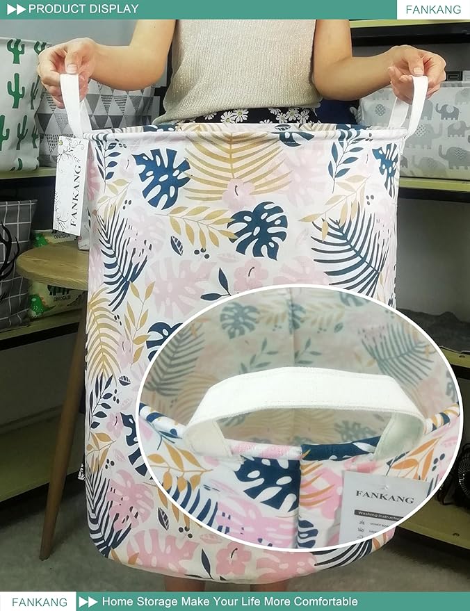 FANKANG Storage Basket, Nursery Hamper Canvas Laundry Basket Foldable with Waterproof PE Coating Large Storage Baskets for Kids Boys and Girls, Office, Bedroom, Clothes,Toys(Banana leaf)