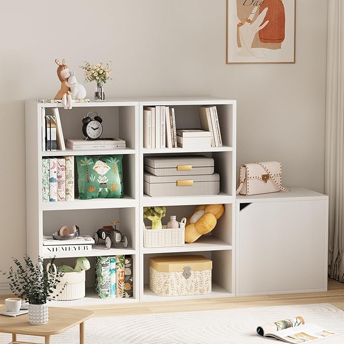 Garden 4 You Cube Storage Organizer Shelf, 2-Tier Stackable Bookshelf with Door, Wooden Display Bookcase, Small Storage Cabinet for Living Room & Bedroom, White-NeatNest
