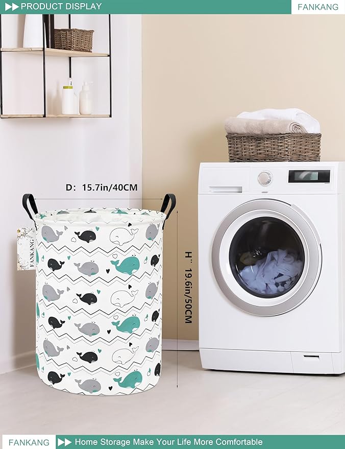 FANKANG Storage Basket, Nursery Hamper Canvas Laundry Basket Foldable with Waterproof PE Coating Large Storage Baskets for Kids Boys and Girls, Office, Bedroom, Clothes,Toys(Whales)