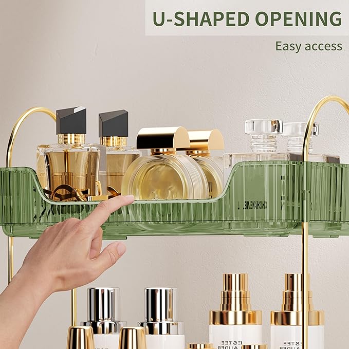 Bathroom Counter Organizer, Green, 11.8" L X 6.7" W X 4.5" H, Stainless Steel, PET, Modern Metal Handles, Smooth Edges, Large Capacity, Minimalist Design, Ideal Gift-NeatNest