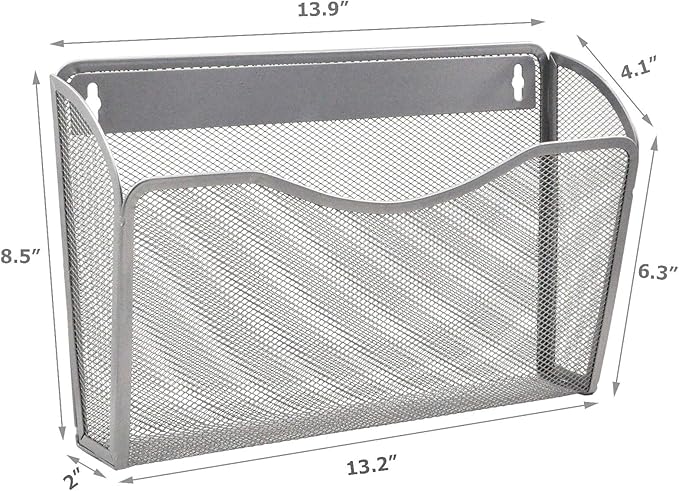 EASEPRES 6 Single Pocket Mesh Hanging File Organizer, Vertical Wall Mounted Magazine File Holder, Mount Basket Mail Paper Document Folder Organizing for Office, Home and School, Silver