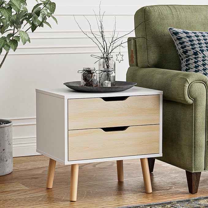 End Table Set of 2 with Storage Drawers, Modern Small Sofa Side Table, Nightstand Accent Wooden Bedside Table with Solid Wood Legs for Living Room,White/Oak