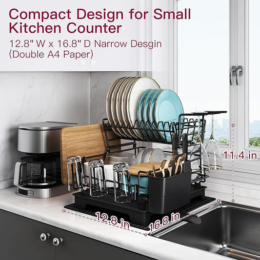 BOOSINY 2 Tier Black Large Stainless Steel Dish Drainers Drying Rack for Kitchen Counter with Drainboard, Rust Proof Metal, Space Saving, Modern Aesthetic, Compact Plates Strainers with Extra Mat-NeatNest