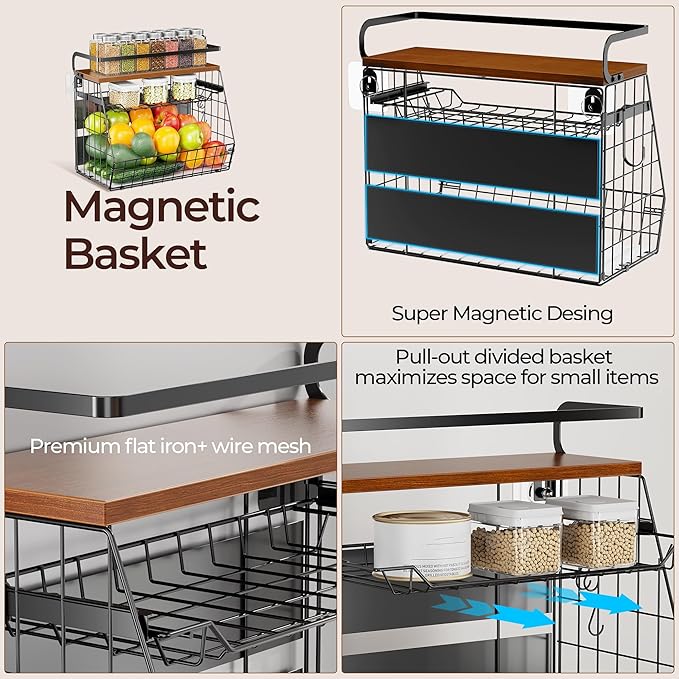 Delamu Magnetic Shelf for Fridge with Wood Lid, 3 Tier Pull Out Fruit Potato and Onion Storage Bins, Magnetic Spice Rack Organizer for Refrigerator, Cabinet, Kitchen Counter, Laundry (1 Pack)-NeatNest