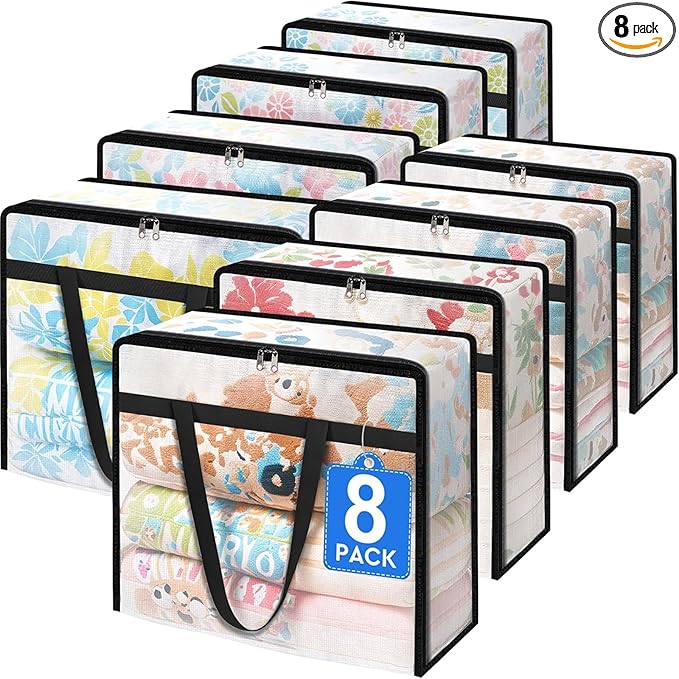 BlissTotes 8 Pack Clear Clothes Storage Bags, Under Bed Storage Containers, Foldable Blanket Storage Moving Bags with Sturdy Zipper and Handle for Clothing, Comforter, Bedding, Sheet (60L)-NeatNest