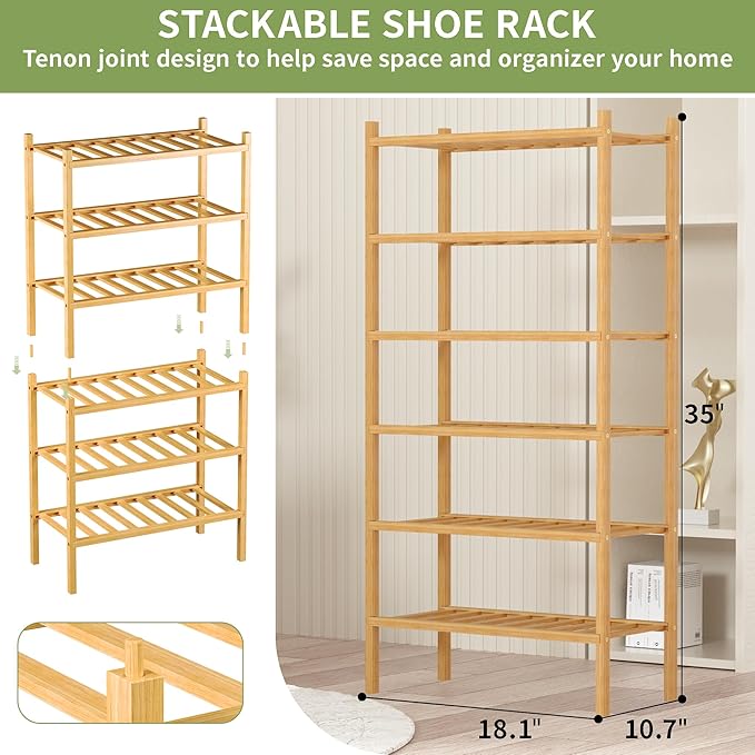 6-Tier Bamboo Small Shoe Rack, Free Standing Wood Shoe Shelf Storage Organizer for Closet Entryway Stackable (Natural)-NeatNest