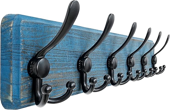 Dseap Coat Rack Wall Mounted - 24" Long 6 Tri Hooks, Heavy Duty Wooden Wall Coat Hanger Coat Hook for Clothes Hat Jacket Clothing, Weathered Blue and Black