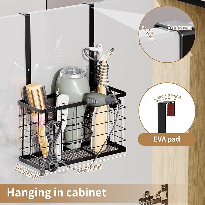 Hair Dryer Holder -3-in-1 Hair Tool Organizer Blow Dryer Holder Adjustable Height, Cabinet Door/Wall Mounted Bathroom Organizer Storage,Heat Safe Rack for Hair Straighteners, Curling Wands, Razor