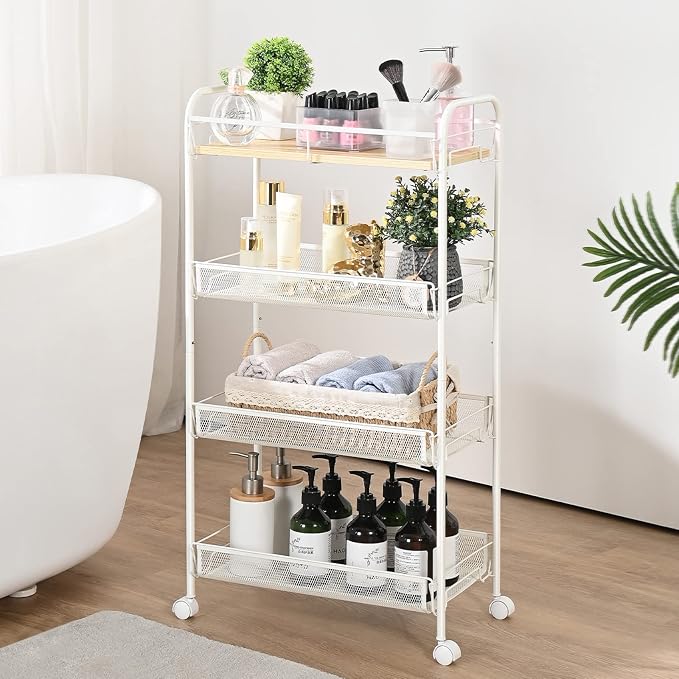 KINGRACK 4-Tier Rolling Cart,Metal Utility Cart with Wooden Tabletop,Easy Assemble Mobile Storage Trolley On Wheels,Craft Storage Cart for Bedroom Kid's Room Office Kitchen Bathroom,White