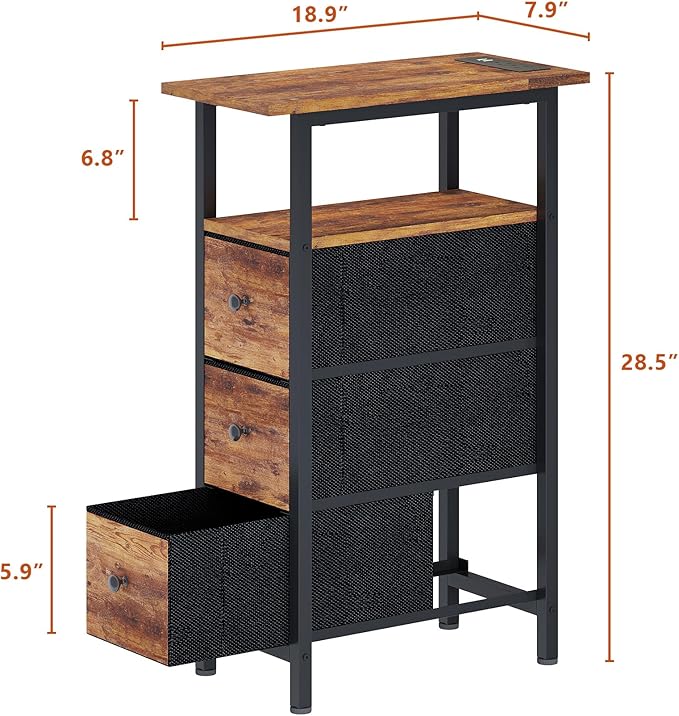 End Table with Charging Station, Narrow Side Table with 3 Fabric Drawers, Skinny Nightstand with LED Light, Slim Bedside Table for Bedroom, Living Room, Small Spaces, Rustic Brown