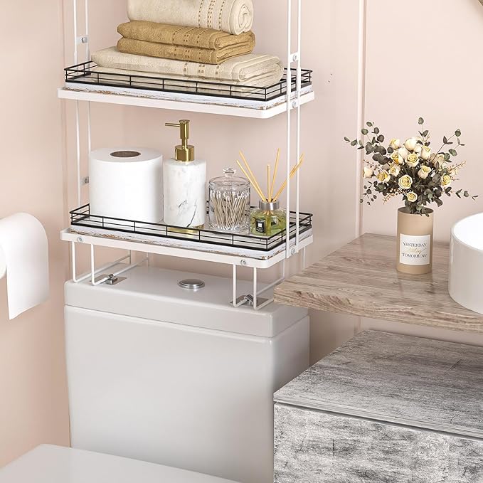 Bathroom Toilet Tank Tray, 13" Wood Toilet Paper Storage Basket Tray Back of Toilet Basket Organizer,Vanity Tray for Perfume Makeup Candle Decor, Black & Farmhouse White-NeatNest