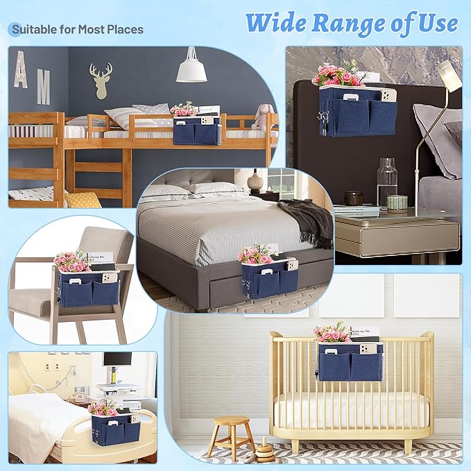 Bedside Caddy Hanging Storage with Water Bottle Holder for Bunk Bed Hospital Bed Dorm Rooms (Dark Blue)-NeatNest