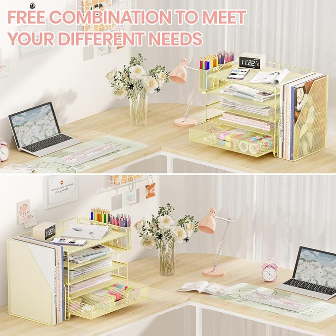 Desk Organizers and Accessories, 5-Tier Paper File Organizer with Drawer & Pen Holder, Office Desk Accessories Workspace Desktop Organizer for Office Supplies(Gold)-NeatNest