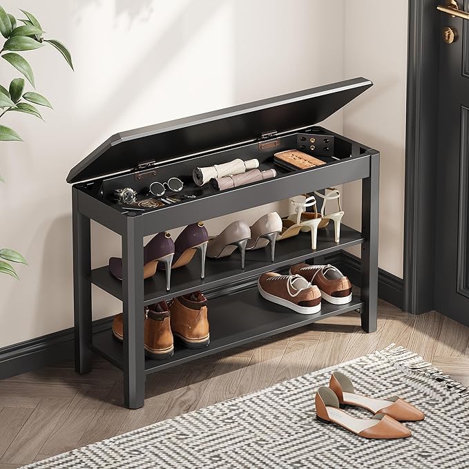 Shoe Rack Bench Seat Rubberwood 2-Tier Wooden Storage Bench 560lbs Compact Mid-Century Modern Design for Entryway, Hallway, Closet, Front Door Entrance, Foyer-NeatNest